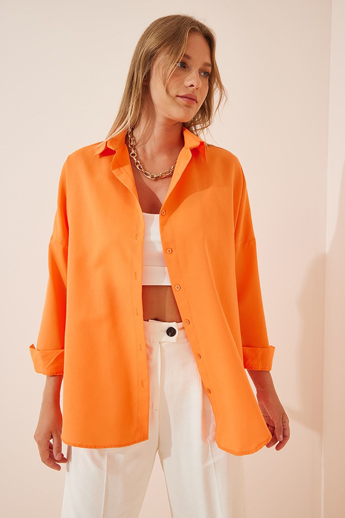 Kadın Oranj Oversize Uzun Basic Gömlek DD00842
